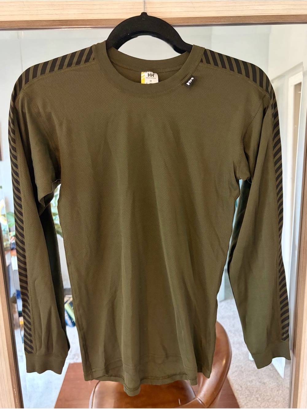 Helly Hansen Mens Medium M HH LIFA Stripe Crew Base Layer Green Long Sleeve
